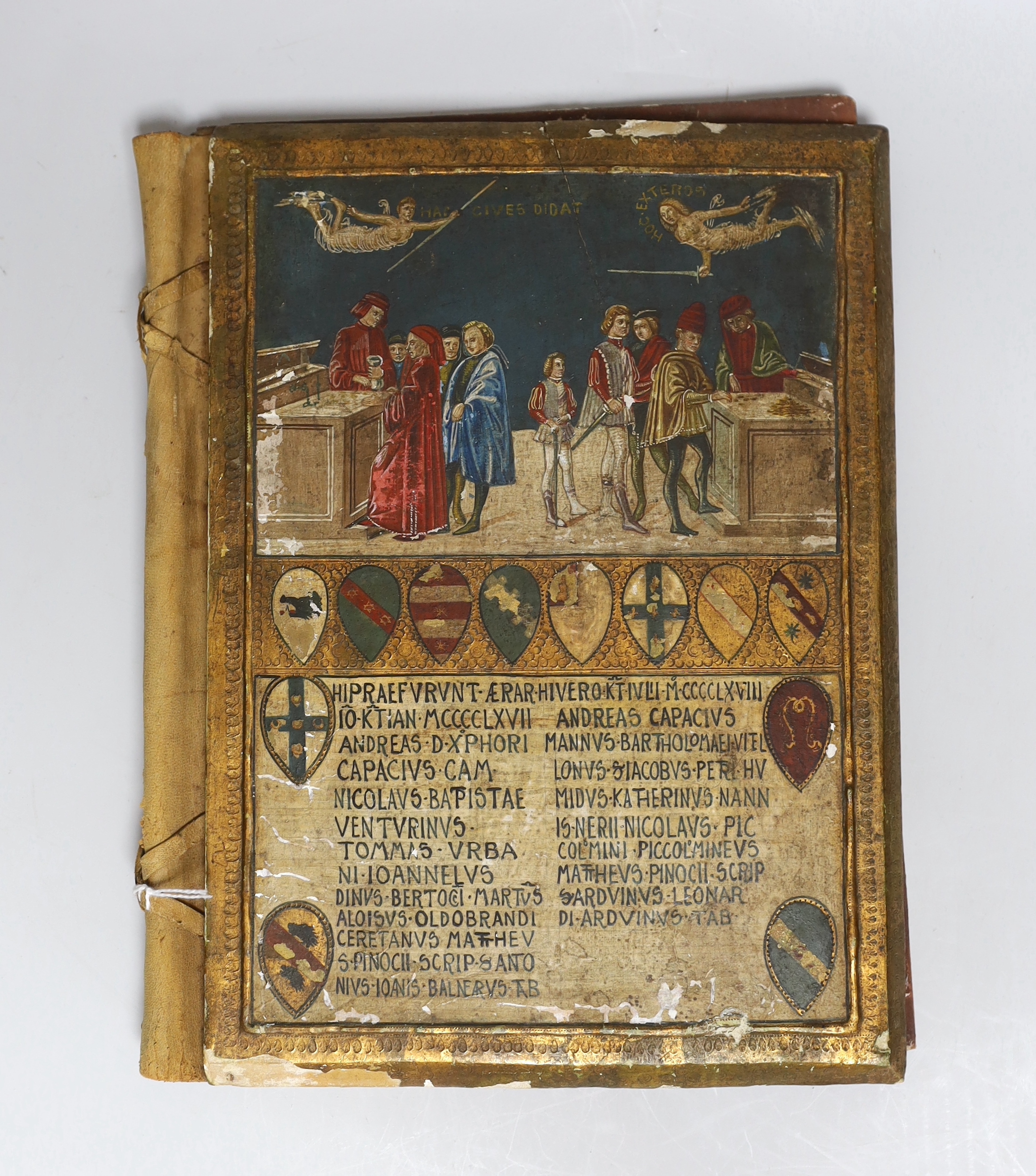 An 18th century European gilt and painted book cover, 29x21cm
